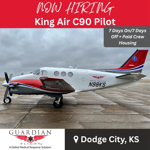 Pilotjob's tweet photo. Guardian Flight is hiring a King Air C90 Pilot in Dodge City, KS!

🛩️ 7 Days On and 7 Days Off
🛩️ $113,820.92 - $125,203.02/yr
🛩️ $15,000 Sign-On Bonus
🛩️ Company-Paid Crew Housing
🛩️ Up to $3,000 in Relocation Assistance

Apply here ➡️ https://t.co/q6AFaZLCh3 https://t.co/W6OGBOeABo
