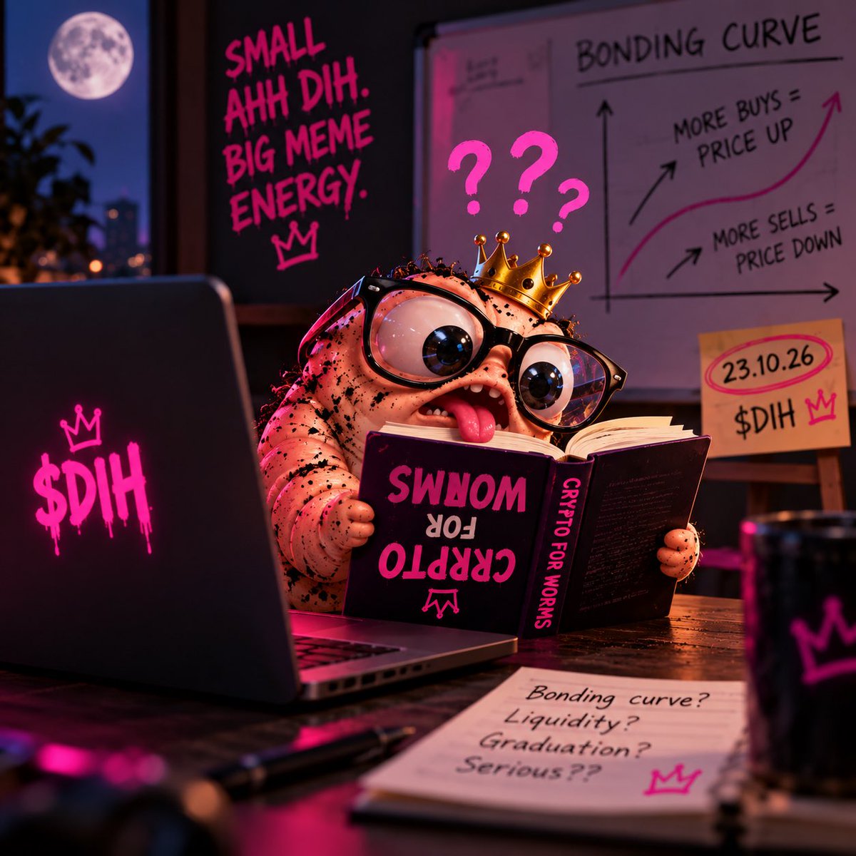 _SmallAhhDih's tweet photo. POV: you joined $DIH for the meme and accidentally learned what a bonding curve is. 🪱

23 days until this stupid little worm goes on-chain.

We started with a picture.
Now we’ve got a community, an admin team, a roadmap and people from across the world watching.

And we haven’t even launched yet.

23.10.26.

small ahh dih.
big meme energy.

$DIH.WE.ARE. 👑
