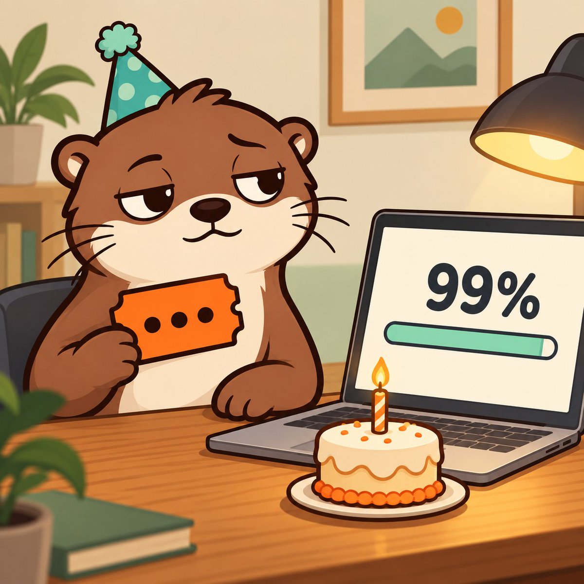 QueueOtter's tweet photo. Still at 99%. Got it a birthday cake. 🦦🎂 https://t.co/MqsPHJZ5WT