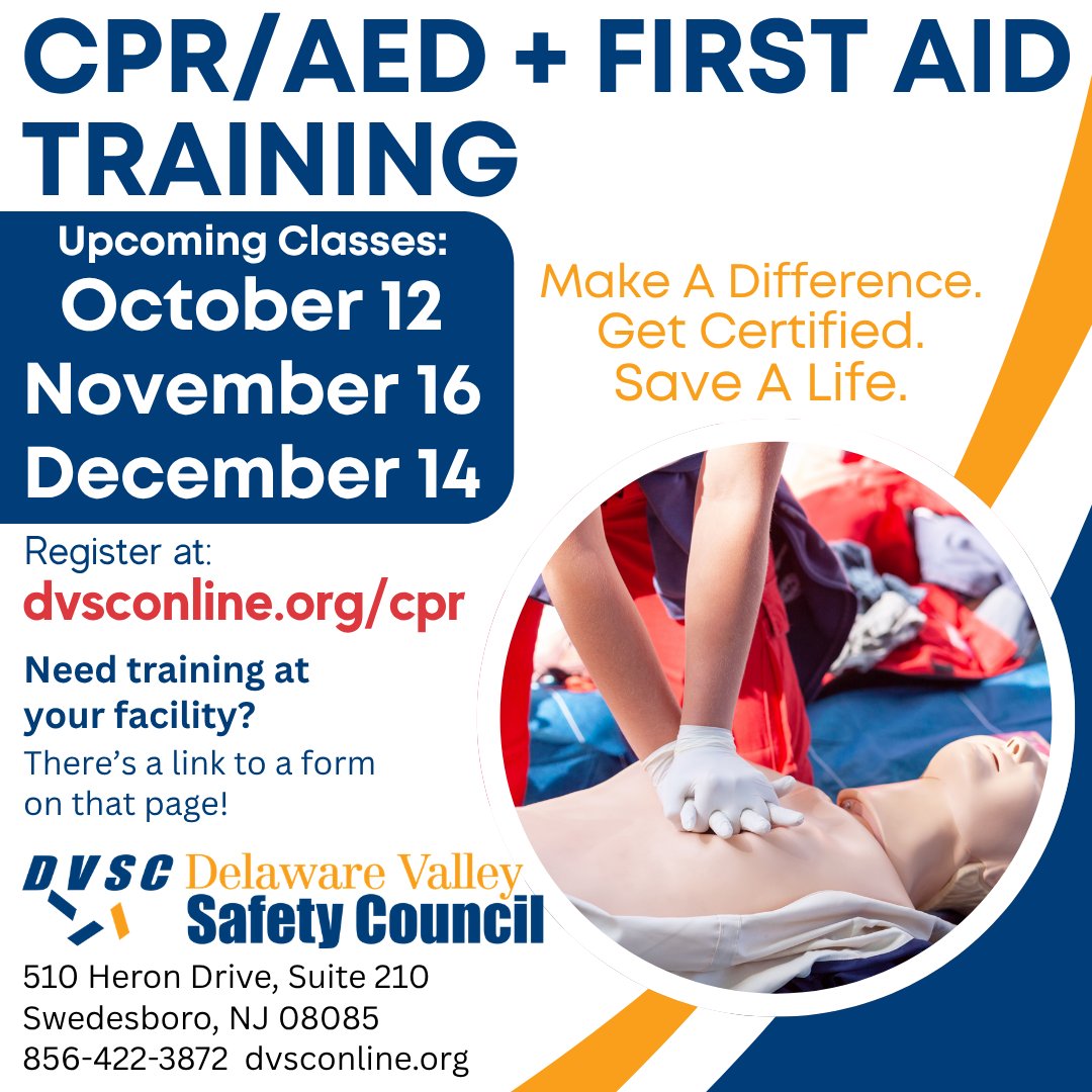 DvscAdmn's tweet photo. CPR/AED + FIRST AID TRAINING

Next in-person classes:
Oct 12
Nov 16
Dec 14

Learn more &amp; sign up here:
https://t.co/HHQKUPCrhU

Need training at your facility? There's a link to a form on that page!

DELAWARE VALLEY SAFETY COUNCIL

#CPRSavesLives
#FirstAid https://t.co/9zo49NgZQM