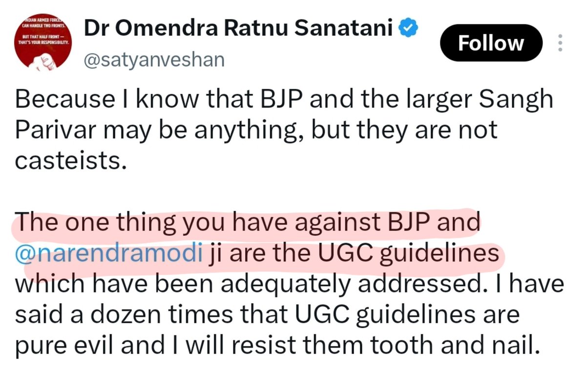 DecodeSatya's tweet photo. BJP समर्थक बार-बार यह गलतफ़हमी फैला रहे हैं कि सिर्फ़ UGC Act ही एकमात्र मुद्दा है, जबकि आरक्षण और SC/ST Act कोई मुद्दा ही नहीं हैं।

सुन लीजिए @satyanveshan जी,

जब तक UGC, आरक्षण और SC/ST Act इन तीनों मुद्दों पर हमारी माँगें नहीं मानी जातीं, तब तक हम BJP को वोट नहीं देंगे। https://t.co/A9bytl7Sbo