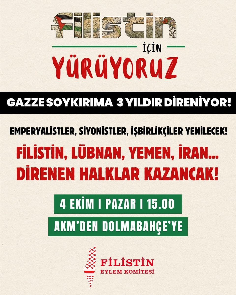 halkeviistanbul's tweet photo. Direnen Filistin Kazanacak!🇵🇸

On yıllardır işgal ve sömürgeciliğe karşı direniş ateşini yakan Filistin halkı, 3 yıldır soykırıma karşı mücadele ediyor. 

Siyonist-emperyalist ittifakın karşısında direnen halkların yanında sokakları kuşatıyoruz!

📣 4 Ekim, 15.00
📍Taksim AKM önü https://t.co/Z9YxHz2C94