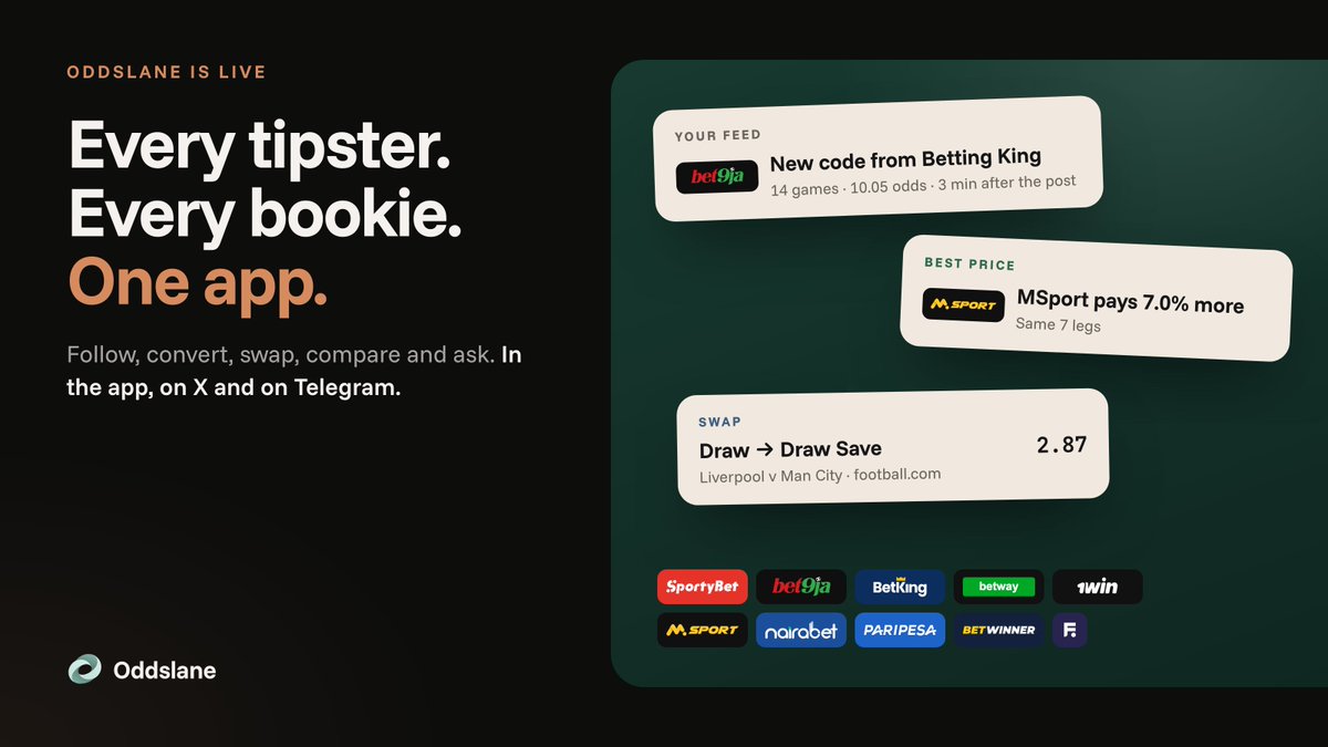 punterai's tweet photo. Oddslane is Live!

Oddslane is the ultimate social betting companion.

Every punter's codes in one place.

Any code to any bookie.

Play the best odds, every time.

And PunterAI that answers you here on X, on Telegram &amp; In App. https://t.co/CgpD4bd9Ai.

Here's what it can do 🧵 https://t.co/q8HCILln07