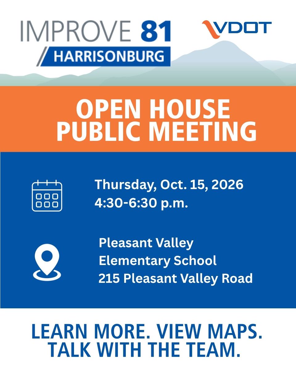 VaDOTStaunton's tweet photo. Join VDOT for an I-81 Widening Harrisonburg Project Open House!

📅 Oct. 15 | 4:30–6:30 p.m. 
📍 Pleasant Valley Elementary School 

Stop by to learn about construction, view maps and talk with the project team. Learn more: https://t.co/g2GzjU6XlD https://t.co/2i5jRi9EGX