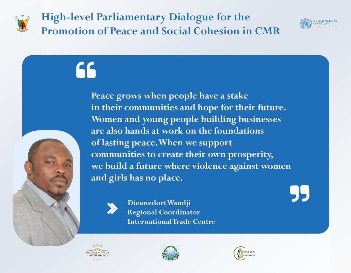 UN_Cameroon's tweet photo. “Peace grows when communities are supported to create their own prosperity”
@DieunedortWandji, Reg. Coordinator of @ITCnews joins the campaign to advocate for lasting peace in #CMR. 
#PeaceDay2026
#InvestInPeace https://t.co/P8Q0vf7eXU