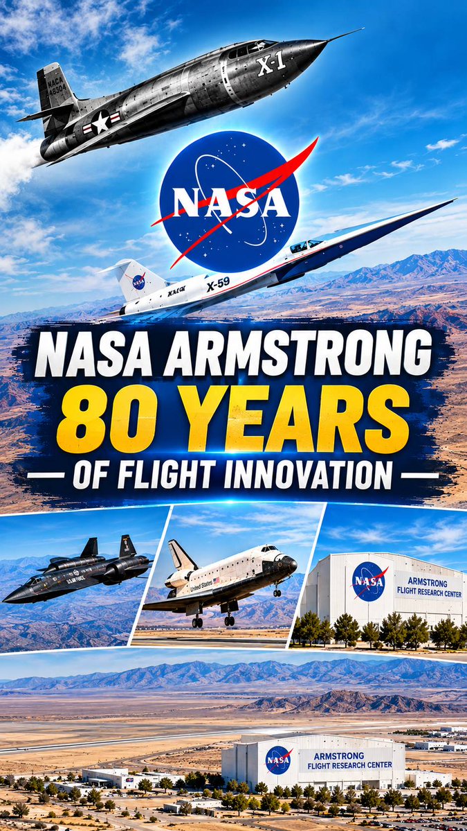 TheDefensewatch's tweet photo. NASA Armstrong Flight Research Center marks 80 years of flight innovation.

From the X-1 and the dawn of supersonic flight to the X-59 and quieter supersonic research, Armstrong has helped shape aviation for eight decades.

#NASA #NASAArmstrong #X59 #X1 #SupersonicFlight https://t.co/TVt2ue6atc