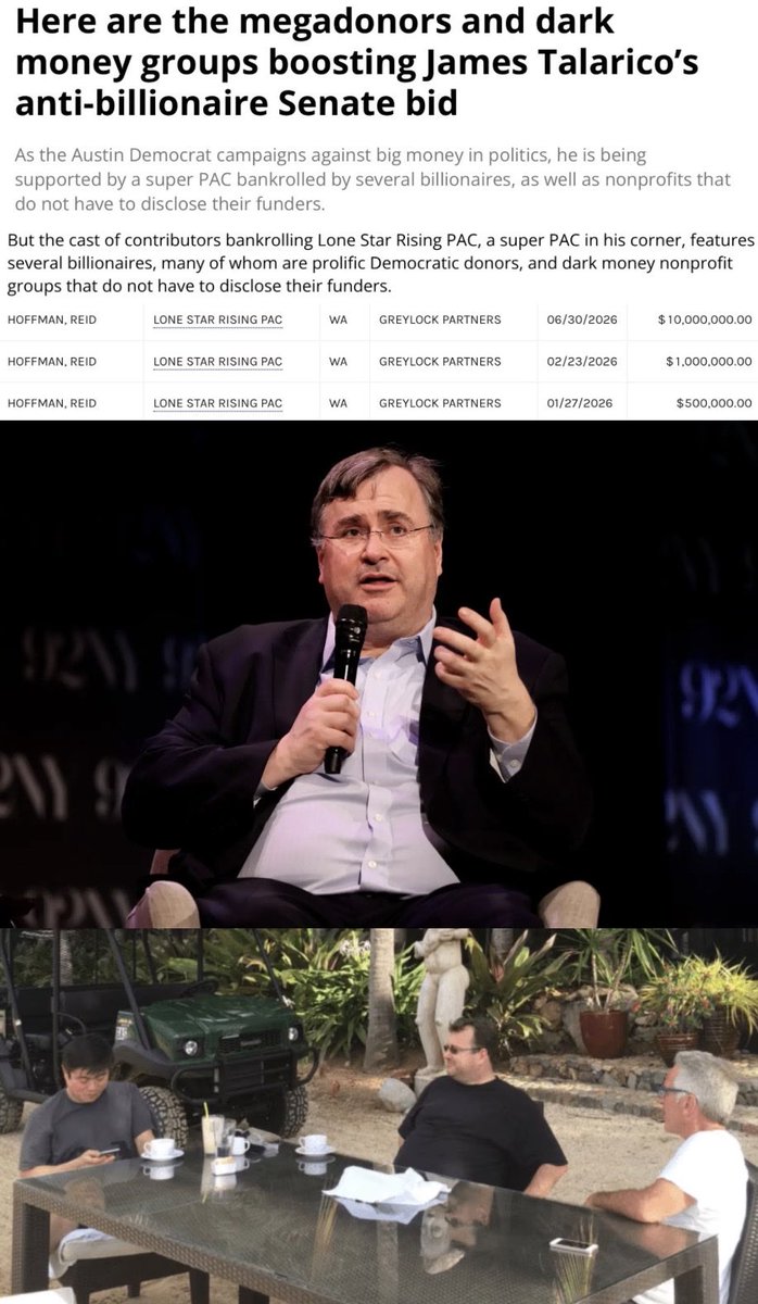 JamesHartline's tweet photo. The REAL Epstein Files: The more Six Gender Jimmy Talarico talks about "loving trans kids", the more money Jeffrey Epstein's obese bestie and Orgy Island visitor Reid Hoffman donates to the billionaire-funded super PAC trying to elect Talarico to the U.S. senate. Reid Hoffman has contributed $11.5 million to the Lone Star Rising PAC which is the billioniare-funded Democrat super PAC devoted to getting Talarico elected to the U.S. senate in Texas.

Reid Hoffman stayed at Jeffrey Epstein’s Orgy Island and at his Upper East Side townhouse. Hoffman sent Epstein ice cream “either for yourself or for ‘the girls," after visiting Orgy Island.

In one 2014 email introducing Epstein to a foreign diplomat, Hoffman, who had previously downplayed his ties to the sex trafficker, praised Epstein's judgment.

"Jeffrey has exquisite taste in people (myself excepted),” Hoffman wrote.

Hoffman and MIT Media Lab director Joi Ito, who is said to have introduced Hoffman to Epstein, boarded a private flight to Epstein’s island in the US Virgin Islands in November 2014.

Days later, Epstein paid for Hoffman to fly to New York, where he spent the night at Epstein’s Upper East Side townhouse before attending a breakfast Hoffman organized with Bill Gates and other high-profile guests.

On Christmas Eve, Hoffman told Epstein he had sent two gifts — a surfer statue for the island and ice cream “either for yourself or for ‘the girls.'"

Unsealed U.S. Justice Department documents and emails show that Reid Hoffman discussed and planned visits to Jeffrey Epstein’s properties, including the Zorro Ranch in New Mexico.