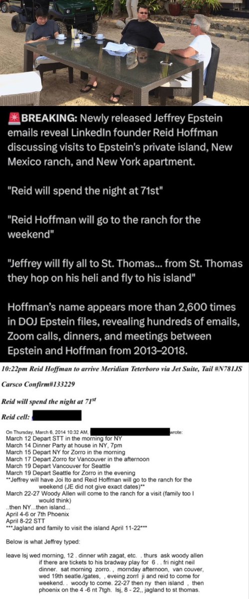 JamesHartline's tweet photo. The REAL Epstein Files: The more Six Gender Jimmy Talarico talks about "loving trans kids", the more money Jeffrey Epstein's obese bestie and Orgy Island visitor Reid Hoffman donates to the billionaire-funded super PAC trying to elect Talarico to the U.S. senate. Reid Hoffman has contributed $11.5 million to the Lone Star Rising PAC which is the billioniare-funded Democrat super PAC devoted to getting Talarico elected to the U.S. senate in Texas.

Reid Hoffman stayed at Jeffrey Epstein’s Orgy Island and at his Upper East Side townhouse. Hoffman sent Epstein ice cream “either for yourself or for ‘the girls," after visiting Orgy Island.

In one 2014 email introducing Epstein to a foreign diplomat, Hoffman, who had previously downplayed his ties to the sex trafficker, praised Epstein's judgment.

"Jeffrey has exquisite taste in people (myself excepted),” Hoffman wrote.

Hoffman and MIT Media Lab director Joi Ito, who is said to have introduced Hoffman to Epstein, boarded a private flight to Epstein’s island in the US Virgin Islands in November 2014.

Days later, Epstein paid for Hoffman to fly to New York, where he spent the night at Epstein’s Upper East Side townhouse before attending a breakfast Hoffman organized with Bill Gates and other high-profile guests.

On Christmas Eve, Hoffman told Epstein he had sent two gifts — a surfer statue for the island and ice cream “either for yourself or for ‘the girls.'"

Unsealed U.S. Justice Department documents and emails show that Reid Hoffman discussed and planned visits to Jeffrey Epstein’s properties, including the Zorro Ranch in New Mexico.
