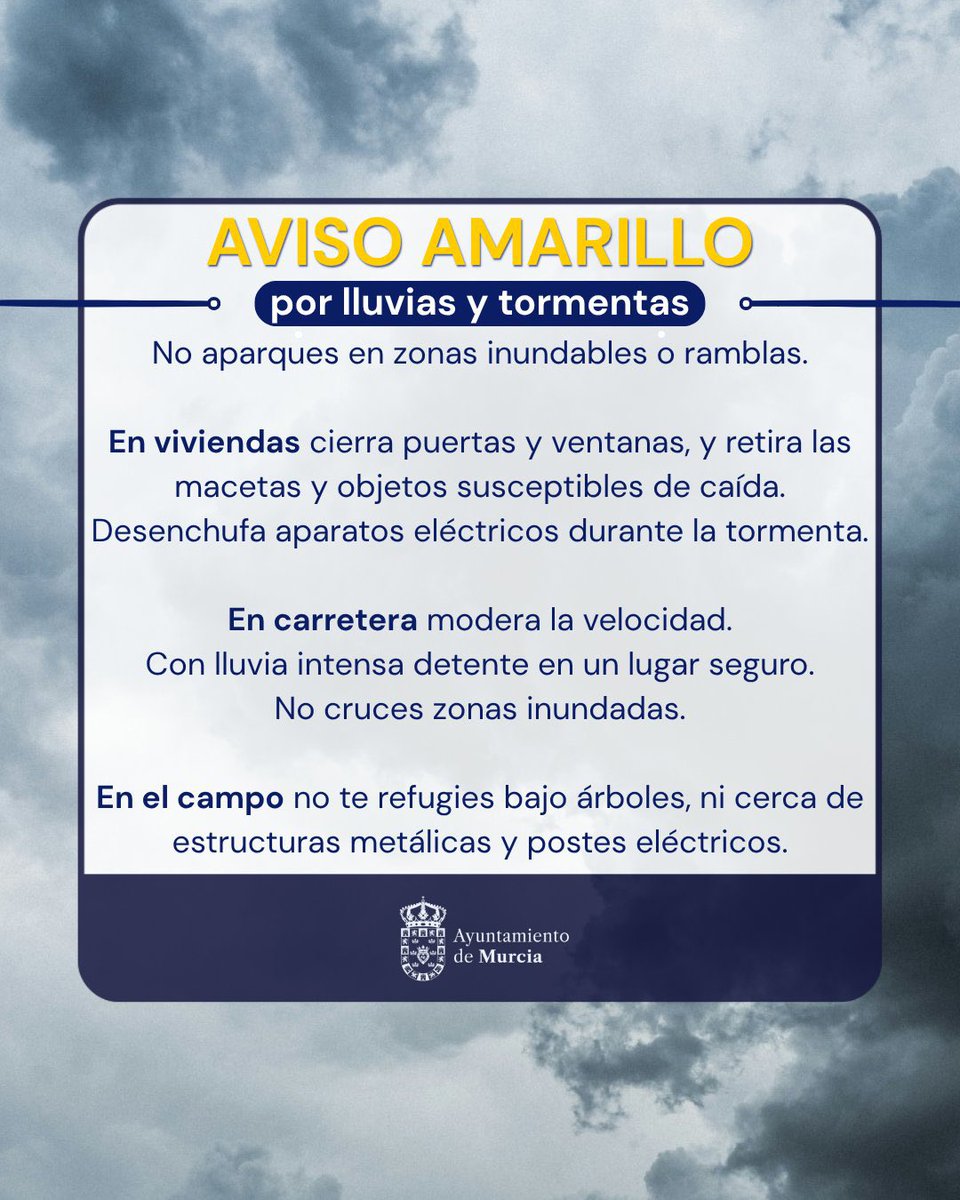 AytoMurcia's tweet photo. 🟡 AEMET ha emitido aviso amarillo por lluvias y tormentas para mañana, jueves 1 de octubre, de 14:00 a 22:59 horas. https://t.co/7pwKFA70v7