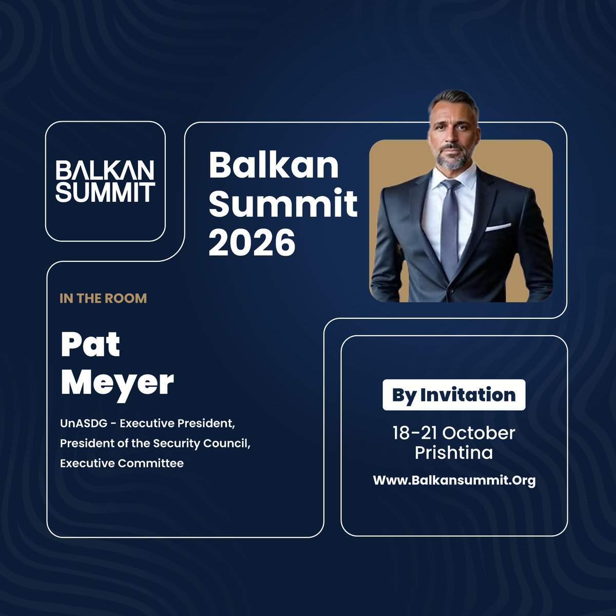 balkan_summit's tweet photo. Pat Meyer, Executive President of unASDG, joins Balkan Summit 2026 to discuss connecting regional project pipelines with private capital across Kosovo, Albania and North Macedonia.

18–21 Oct · Prishtina
https://t.co/Xoei9UXKvb
#BalkanSummit #RegionalInvestment https://t.co/NjCNRuBviw