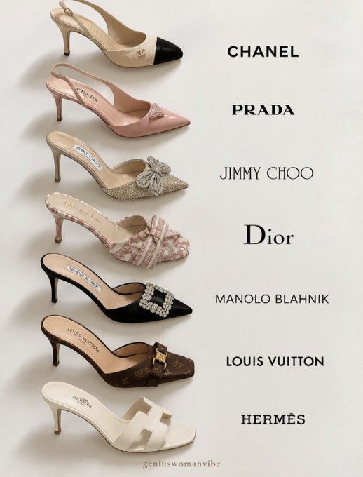 A lineup of designer slingback heels featuring labels Chanel, Prada, Jimmy Choo, Dior, Manolo Blahnik, Louis Vuitton, and Hermès, watermarked 'geniuswomanvibe'.