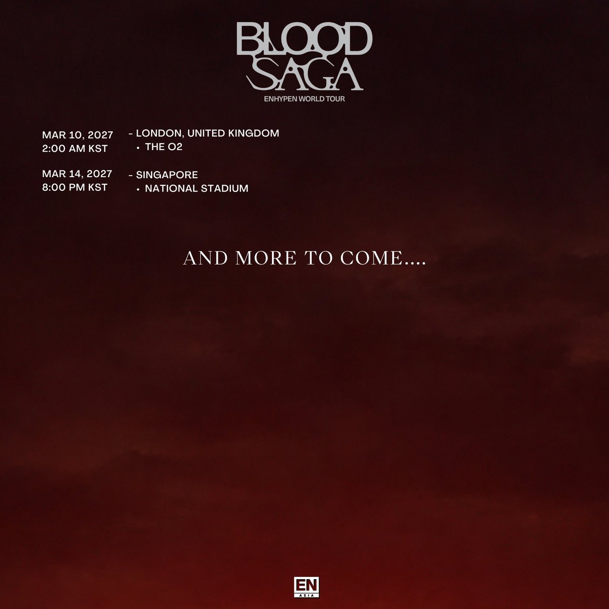 Enasiabackup's tweet photo. [BLOOD SAGA | WORLD TOUR]

📢 BLOOD SAGA World Tour will resume on October 16 in Macau.

Note: Just a reminder that all dates and times listed for each stop are in KST.

#ENHYPEN #엔하이픈 @ENHYPEN_members @ENHYPEN