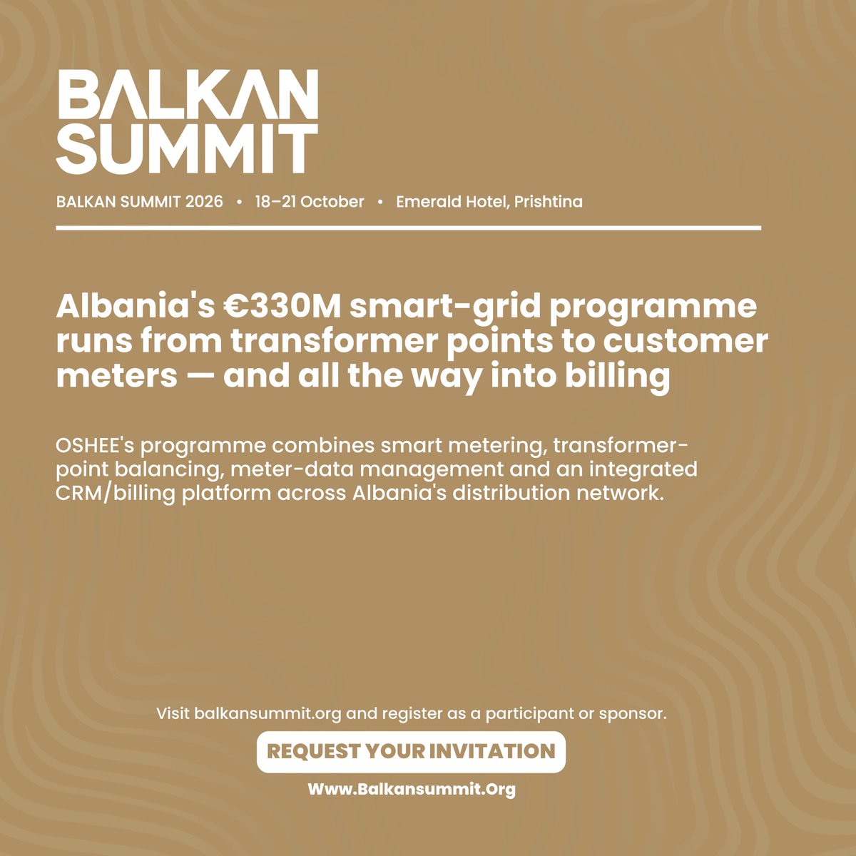 balkan_summit's tweet photo. OSHEE’s Smart Grid project will deploy smart meters from transformer cabins to end users, integrated with meter-data management and billing. At Balkan Summit 2026, firms can review requirements, procurement routes and delivery opportunities.

#BalkanSummit #SmartGrid https://t.co/XLxKpFc4V0