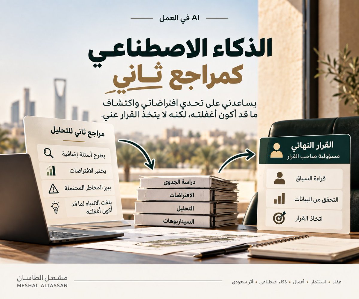 Meshal_Altassan's tweet photo. AI في العمل | الذكاء الاصطناعي كمراجع ثانٍ
عندما أراجع دراسة جدوى عقارية، لا أسأل الذكاء الاصطناعي:

هل المشروع جيد؟

هذا السؤال، برأيي، أكبر من أن أترك إجابته له.

بدلًا من ذلك أسأله:

ما الذي قد أكون أغفلته؟

لنفترض أن الدراسة مبنية على مجموعة افتراضات:
سعر الأرض، تكلفة البناء، سعر البيع، مدة التطوير، سرعة المبيعات، والتمويل.

قد تبدو الأرقام منطقية جدًا.
لكن المشكلة أن بعض هذه الافتراضات قد يكون متفائلًا أكثر من اللازم، أو أن هناك معلومة ناقصة لم ننتبه لها.

هنا أستفيد من الذكاء الاصطناعي كمراجع ثانٍ للتحليل.

أطلب منه أن يختبر افتراضاتي:

ماذا لو ارتفعت تكلفة البناء؟

ماذا لو تأخرت المبيعات؟

أي افتراض يؤثر أكثر على نتيجة المشروع؟

ما المعلومة التي ينقصني معرفتها؟

وهل هناك احتمال سلبي لم أضعه في حسابي أصلًا؟

الفكرة ليست أن أجعله يتخذ القرار عني.

الفائدة الحقيقية بالنسبة لي هي أن يساعدني على النظر إلى الدراسة من زاوية أخرى، وربما يلفت انتباهي إلى سؤال لم أفكر فيه.

وفي المقابل، لا أتعامل مع إجاباته على أنها حقائق.

الذكاء الاصطناعي قد يخطئ، وقد يختلق معلومة، وقد يبني تحليله على افتراض غير صحيح.

لذلك تظل البيانات بحاجة إلى تحقق، وتظل قراءة السياق مسؤولية الإنسان، والقرار النهائي في النهاية مسؤولية صاحب القرار.

أفضل استخدام للذكاء الاصطناعي في القرار الاستثماري ليس أن يعطيك الإجابة، بل أن يساعدك على اكتشاف السؤال الذي نسيت أن تسأله.

#AI_في_العمل