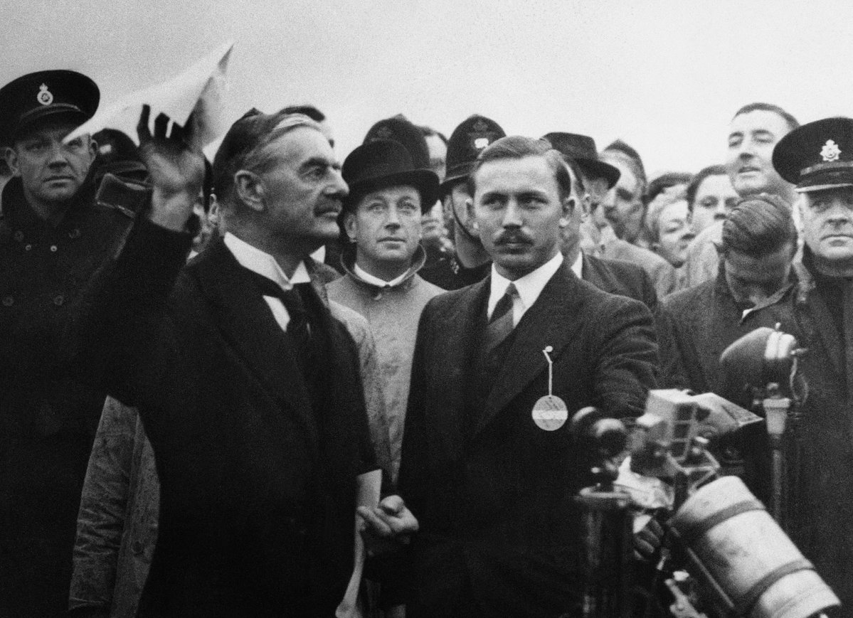 BeschlossDC's tweet photo. After appeasing Hitler in Munich, British Prime Minister Neville Chamberlain, today 1938, declares "peace in our time": https://t.co/IwJaCSO4Yo