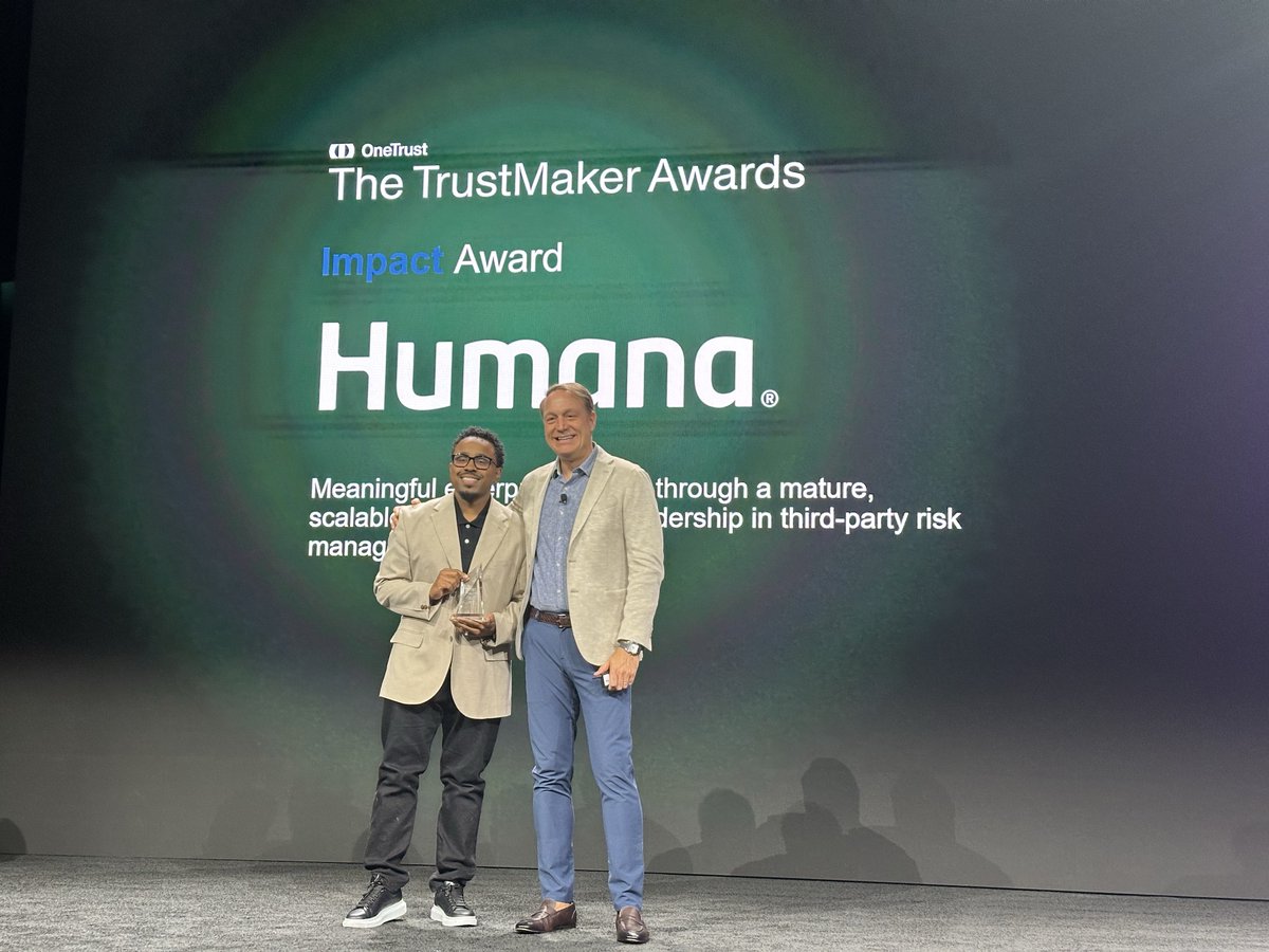 OneTrust's tweet photo. 🏆 Meet the 2026 TrustMaker Award winners:

Impact: @Humana 
AI Governance Innovation: @Fiserv 
Operational Excellence: @Workday 
TrustMaker of the Year: Rockwell Automation

Congratulations to all four teams. 👏
#TrustWeek https://t.co/eutZy6Lx0k