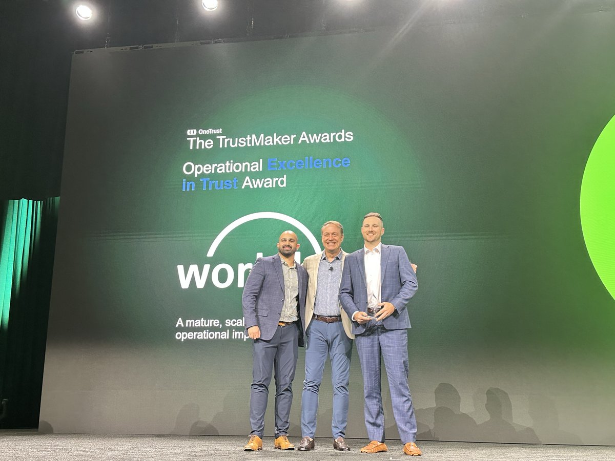 OneTrust's tweet photo. 🏆 Meet the 2026 TrustMaker Award winners:

Impact: @Humana 
AI Governance Innovation: @Fiserv 
Operational Excellence: @Workday 
TrustMaker of the Year: Rockwell Automation

Congratulations to all four teams. 👏
#TrustWeek https://t.co/eutZy6Lx0k