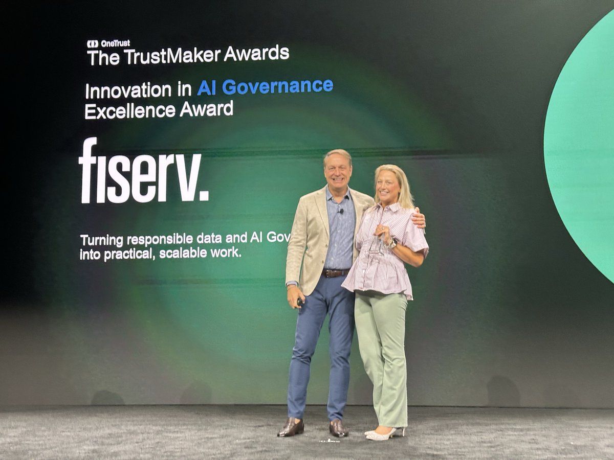 OneTrust's tweet photo. 🏆 Meet the 2026 TrustMaker Award winners:

Impact: @Humana 
AI Governance Innovation: @Fiserv 
Operational Excellence: @Workday 
TrustMaker of the Year: Rockwell Automation

Congratulations to all four teams. 👏
#TrustWeek https://t.co/eutZy6Lx0k