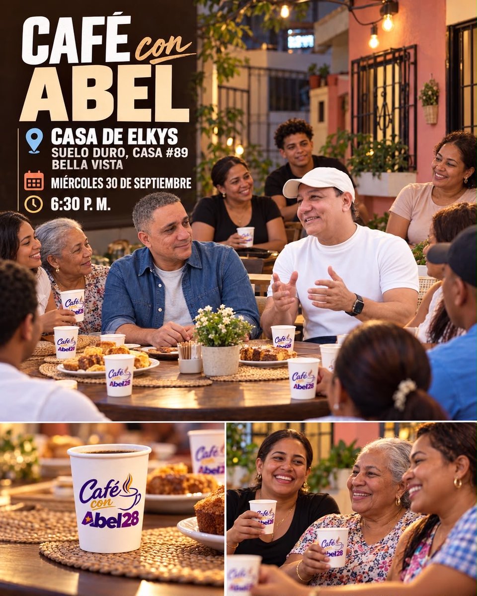 TessieSanchez's tweet photo. Abel Martínez continúa escuchando de forma cercana, rompiendo los esquemas tradicionales, porque la gente es nuestra prioridad.

4 ☕️CAFÉS CON ABEL
Miércoles 30 de septiembre

5:00 p. m.
Casa Familia Infante
📍 Calle Escalante, casa #89, La Joya

5:30 p. m.
Willy Barber Shop
📍 Calle Salvador Cucurullo #156, La Joya

6:00 p.m.
📍 Calle Eliseo Malagón #11, Bella Vista

6:30 p. m.
Casa de Elkys
📍 Suelo Duro, Bella Vista 

#CaféConAbel
