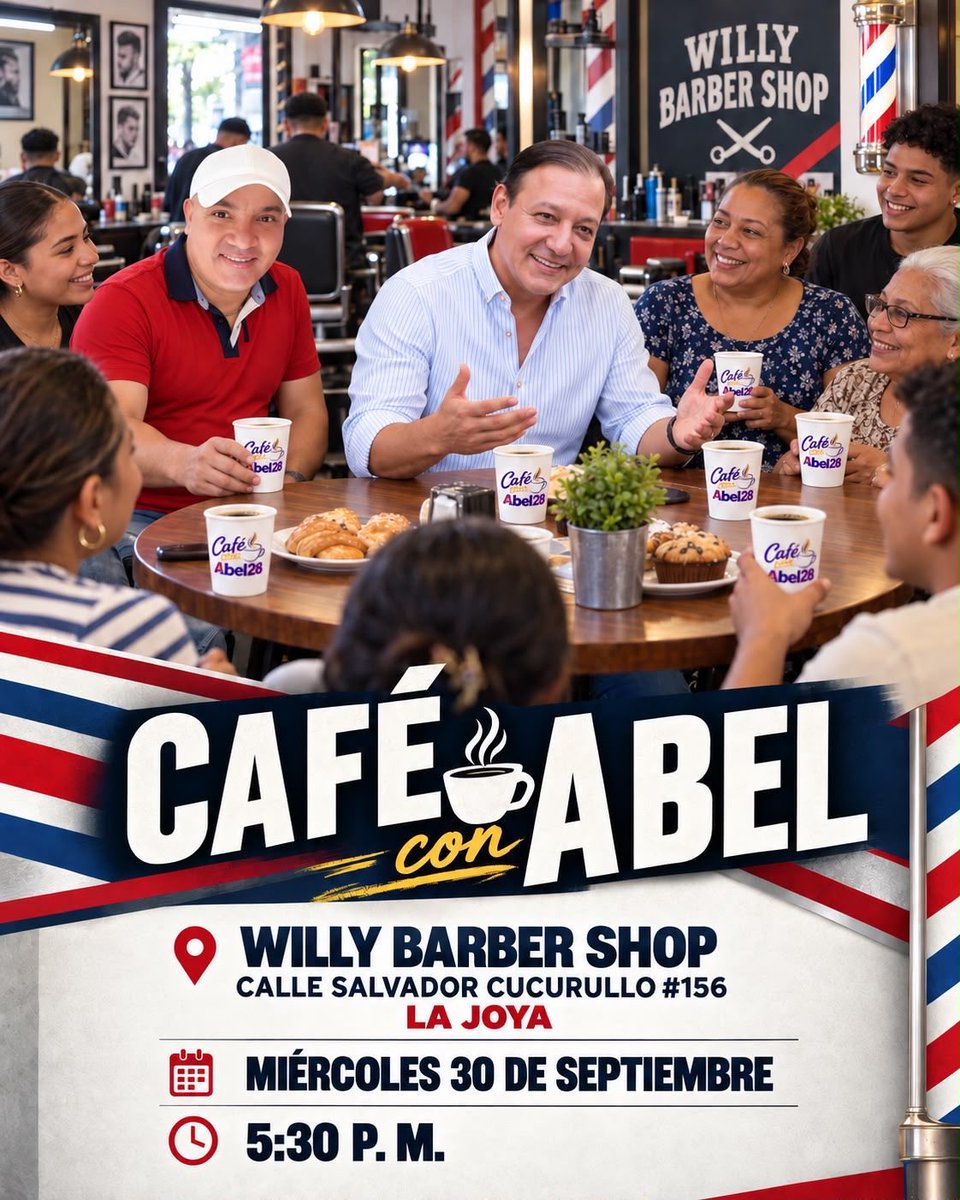 TessieSanchez's tweet photo. Abel Martínez continúa escuchando de forma cercana, rompiendo los esquemas tradicionales, porque la gente es nuestra prioridad.

4 ☕️CAFÉS CON ABEL
Miércoles 30 de septiembre

5:00 p. m.
Casa Familia Infante
📍 Calle Escalante, casa #89, La Joya

5:30 p. m.
Willy Barber Shop
📍 Calle Salvador Cucurullo #156, La Joya

6:00 p.m.
📍 Calle Eliseo Malagón #11, Bella Vista

6:30 p. m.
Casa de Elkys
📍 Suelo Duro, Bella Vista 

#CaféConAbel