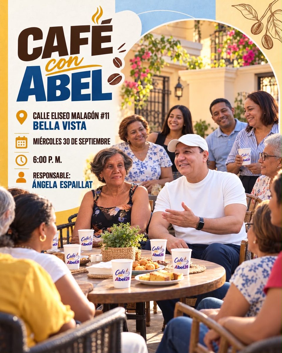 TessieSanchez's tweet photo. Abel Martínez continúa escuchando de forma cercana, rompiendo los esquemas tradicionales, porque la gente es nuestra prioridad.

4 ☕️CAFÉS CON ABEL
Miércoles 30 de septiembre

5:00 p. m.
Casa Familia Infante
📍 Calle Escalante, casa #89, La Joya

5:30 p. m.
Willy Barber Shop
📍 Calle Salvador Cucurullo #156, La Joya

6:00 p.m.
📍 Calle Eliseo Malagón #11, Bella Vista

6:30 p. m.
Casa de Elkys
📍 Suelo Duro, Bella Vista 

#CaféConAbel