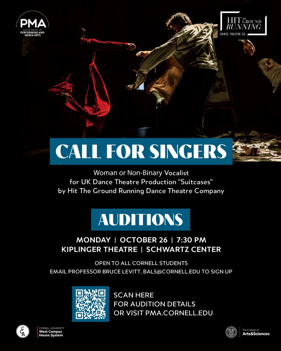 CornellPMA's tweet photo. PMA is seeking a talented woman or non-binary vocalist to join an innovative and thought-provoking UK dance theatre production titled “Suitcases," by Hit The Ground Running Dance Theatre Company. Learn more about the audition details at https://t.co/GgmJHskxNV https://t.co/Jx4Dg4YspF