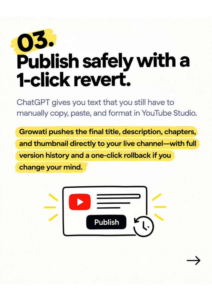 growati's tweet photo. ChatGPT can help with YouTube ideas.
Growati handles the work:

→ extracts thumbnail frames 
→ keeps videos on-brand 
→ pushes updates to YouTube

Built for execution, not just suggestions. https://t.co/aZ2WvT2qRK