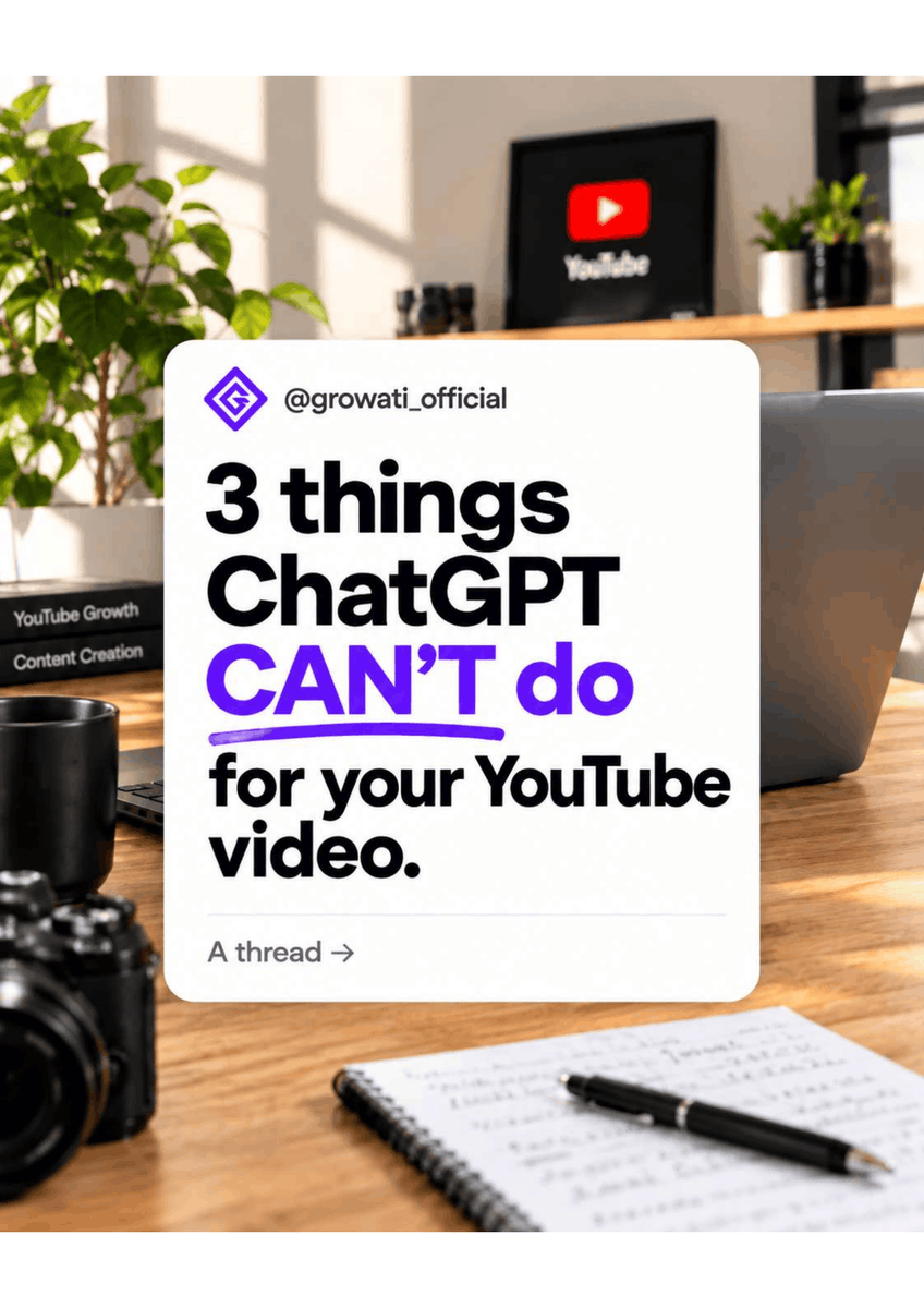 growati's tweet photo. ChatGPT can help with YouTube ideas.
Growati handles the work:

→ extracts thumbnail frames 
→ keeps videos on-brand 
→ pushes updates to YouTube

Built for execution, not just suggestions. https://t.co/aZ2WvT2qRK
