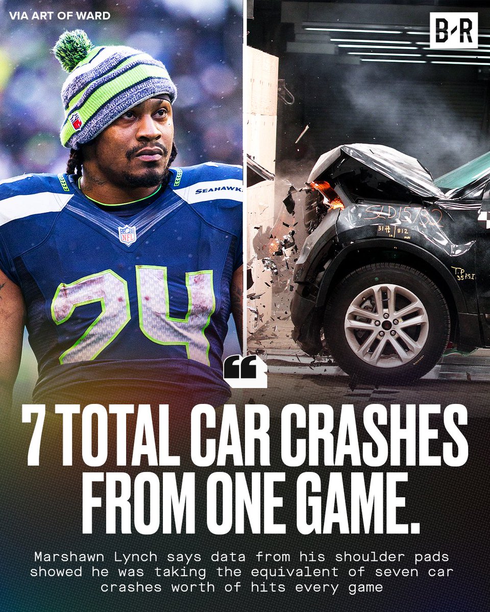 BleacherReport's tweet photo. Marshawn Lynch says the Seahawks put sensors in his shoulder pads that showed he was taking 7 car crashes worth of hits every game 🤯

(Via @andreward) https://t.co/RZjXc4fTe4