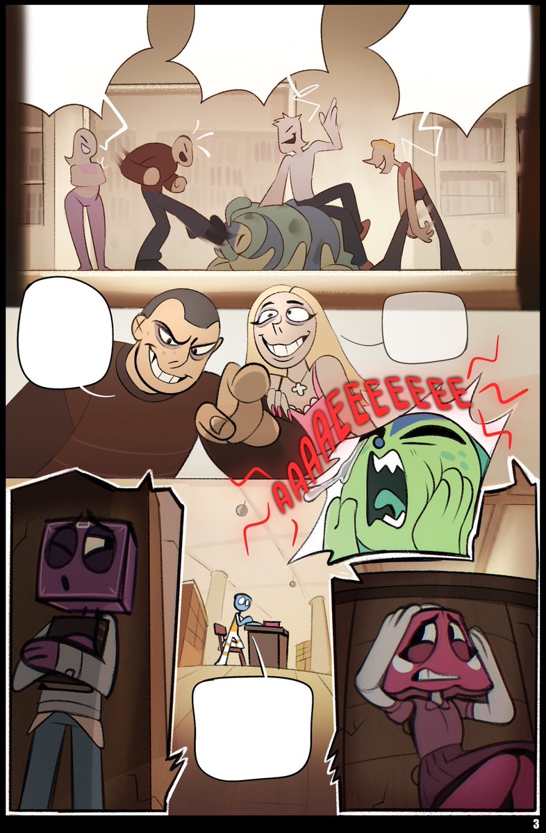 R_rBox's tweet photo. In my Anglerfish comic, I introduced some additional characters, teenage bullies. I feel like they fit perfectly into the Dandy’s World universe, because of course some fucking unhinged teenagers with nothing better to do could have shown up at their educational and entertainment center for kids…

And that’s probably why the management eventually introduced rules like Don’t throw things at toons, don’t pull on them, don’t yell at them, and listen to the toonhandlers. Some people could get way too intrusive and obnoxious…
#Dandysworld #Anglerfish #Ragebait #Finn #Shrimpo #Squirm