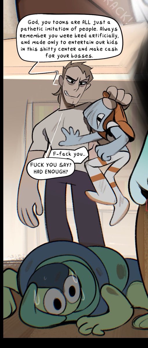 R_rBox's tweet photo. In my Anglerfish comic, I introduced some additional characters, teenage bullies. I feel like they fit perfectly into the Dandy’s World universe, because of course some fucking unhinged teenagers with nothing better to do could have shown up at their educational and entertainment center for kids…

And that’s probably why the management eventually introduced rules like Don’t throw things at toons, don’t pull on them, don’t yell at them, and listen to the toonhandlers. Some people could get way too intrusive and obnoxious…
#Dandysworld #Anglerfish #Ragebait #Finn #Shrimpo #Squirm