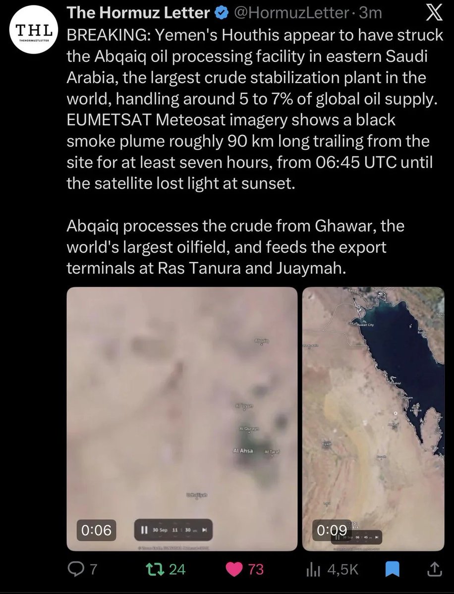 essenviews's tweet photo. Yemen's Houthis appear to have struck the Abqaiq oil processing facility in eastern Saudi Arabia, the largest crude stabilization plant in the world, handling around 5 to 7% of global oil supply. https://t.co/oaHeXfEqYj