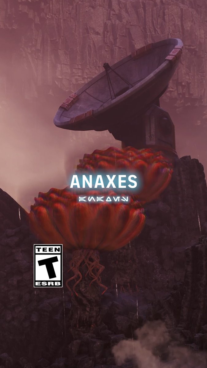 A dramatic alien vista on Anaxes features a large satellite dish perched atop rocky terrain, with a massive red, flower-like organic structure growing in the foreground against a misty canyon. The title "ANAXES" is prominently displayed in glowing white text, with the ESRB "TEEN T" rating visible in the corner, tying into the post's reference to #SWZeroCo.
