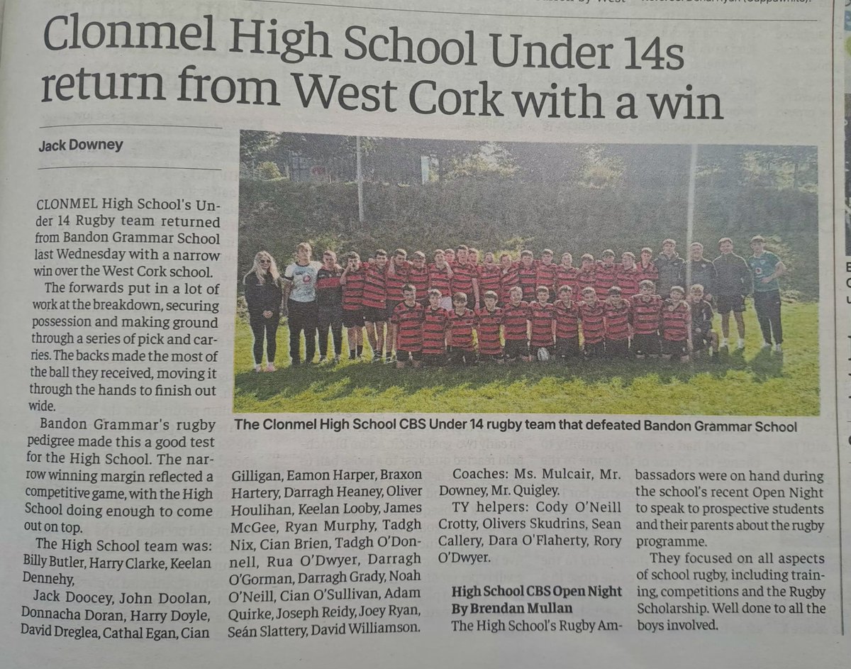 hsclonmelcbs's tweet photo. This week's Rugby News in @TheNationalist 👏👏🙌😊
#Schoolrugby #HSRugby
@Munsterrugby
#RedandBlack 🏉🔴⚫️ https://t.co/8c3DGZuVOL