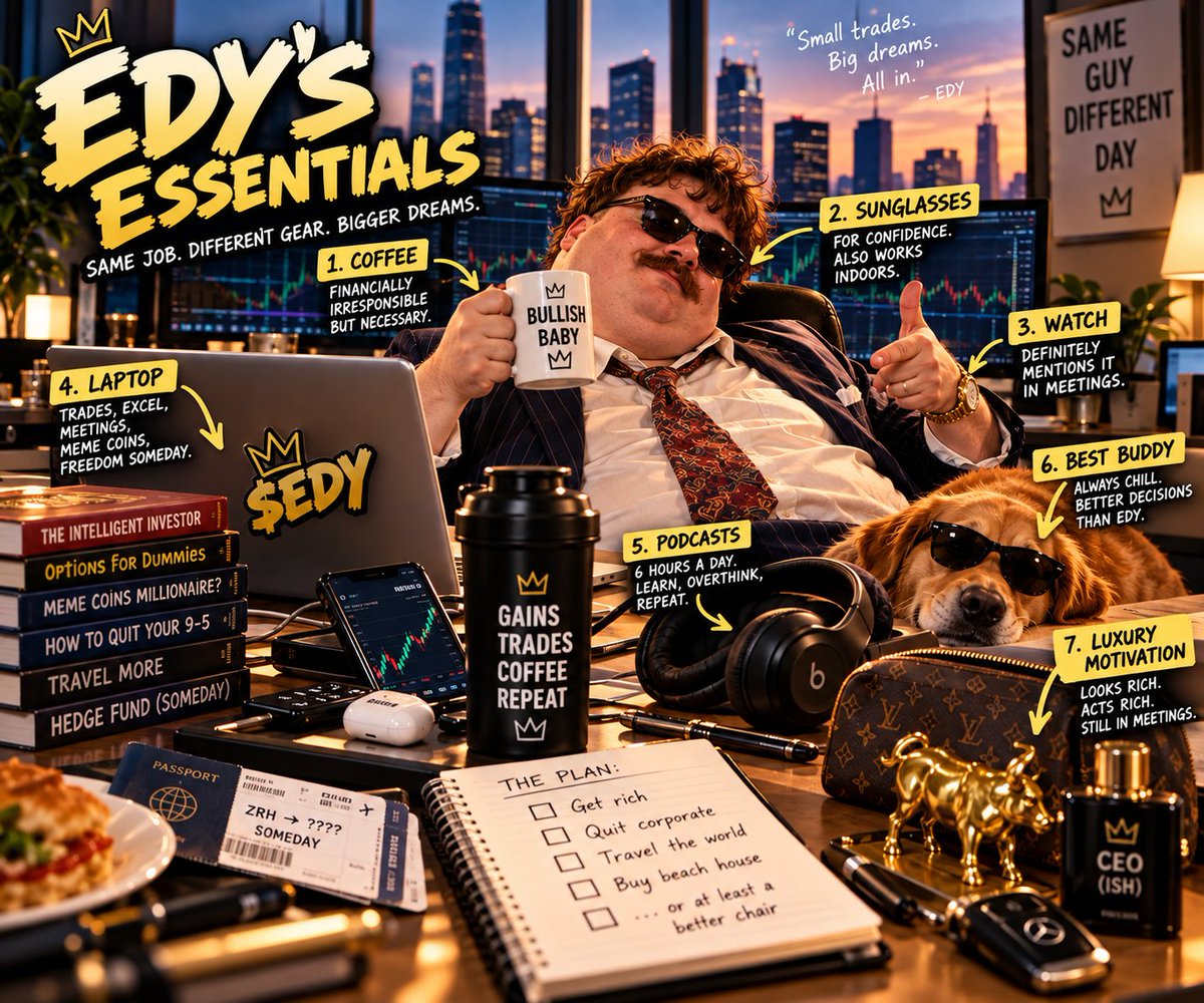 Edyonsol's tweet photo. Every finance bro has his essentials. 🥸

Coffee ☕
Sunglasses indoors 🕶️
Expensive watch ⌚
6 hours of podcasts 🎧
Unreasonable confidence 📈

Financial freedom? Still pending.

What’s missing from EDY’s desk? 😂👇

$EDY — just a meme.
#EDY #FinanceBro #MemeCoin https://t.co/MPO2sp3Glv