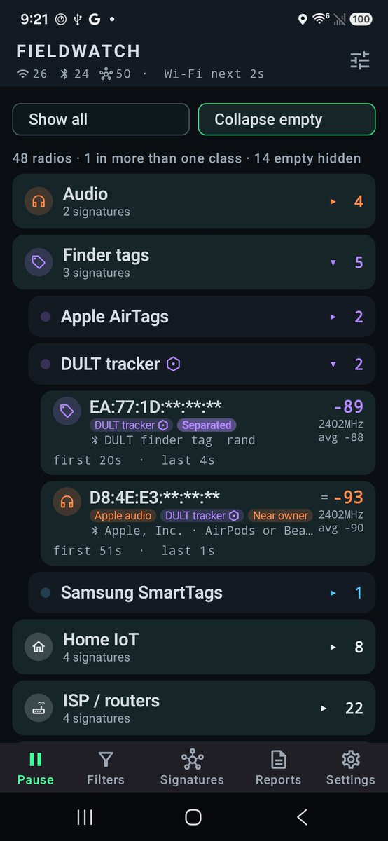OGridPete's tweet photo. Fieldwatch 1.1.16 is out!

Fieldwatch listens for nearby Wi-Fi and Bluetooth signals and identifies the devices sending them, such as tracker tags, body cameras, drones and in-car Wi-Fi. It does this using a list of device signatures you can edit in the app. You can get an alert when a specific device type or address shows up, and you can record a session in one place or along a drive, then compare it with later visits. Fieldwatch can also spot devices that seem to be moving with you and build reports from everything it picked up.

What’s New

Trackers that stand out - DULT (Detecting Unwanted Location Trackers) is the industry spec Apple, Google, and tag makers use so accessories can advertise whether they're near their owner or separated. Fieldwatch now shows that on the live list as a quick visual. It's especially useful next to radios that look like they're moving with you: Separated vs Near owner is one more clue about whether that tag might be yours or someone else's. That covers Google Find Hub tags, newer Apple earbuds and other Find My accessories, Chipolo, Pebblebee, and other tags that speak the standard. Separated tags usually hold their MAC address longer before rotating, which makes them easier to follow across a sit.

Drones and Remote ID - Remote ID works over BLE and Wi-Fi ASTM. Live status shows Undeclared, Ground, Airborne, Emergency, or RID failure. Reports → Path draws the advertised aircraft track as a dotted line, with the pilot as a person icon. Hits can still push to TAK/ATAK.

Reports cleanup - Path plots MAC alerts and signature alerts as class icons (once, at the strongest hear). Debrief and Compare PDFs get the same track treatment. Named sits now hold up to 6,000 unique radios.

Signature Catalog 88 - Flock Extra attention is tighter (real Flock poles, not every LiteOn/Ring radio). Penguin decode for Flock external batteries. Sit export CSV/JSON now lists matched signatures and Extra attention families.

Same pocket tool: receive-only Wi-Fi and BLE, on the phone, no server, free and open source.

https://t.co/ZjBj5cgZ9R