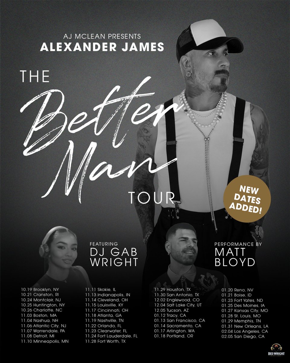 ItsAJMcLean's tweet photo. MORE DATES. MORE CITIES. THE BETTER MAN TOUR CONTINUES.

The Better Man Tour is getting even bigger! New dates have been added through February 2027.

Tickets will be available on my Komi website. For VIP, visit @plsthk. 

#AlexanderJames #TheBetterManTour #ComeOutAndSlay https://t.co/dVCPKLaWvY