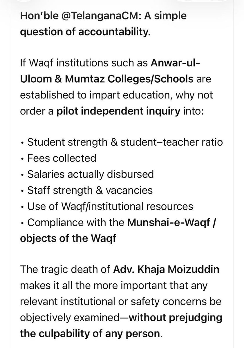 syedtaraqquadri's tweet photo. Congratulate Hon’ #CMKCR’s achievements TEMREIS Institutions ! Req Hon’ CM @RevanthReddy @Azharflicks @TelanganaCS orders inquiry on pilot basis an independent inquiry into Waqf Educational Institutions @RahulGandhi @kharge @priyankagandhi @ShayarImran @INCMinority @NizamJourno https://t.co/1vVjJT4RU9