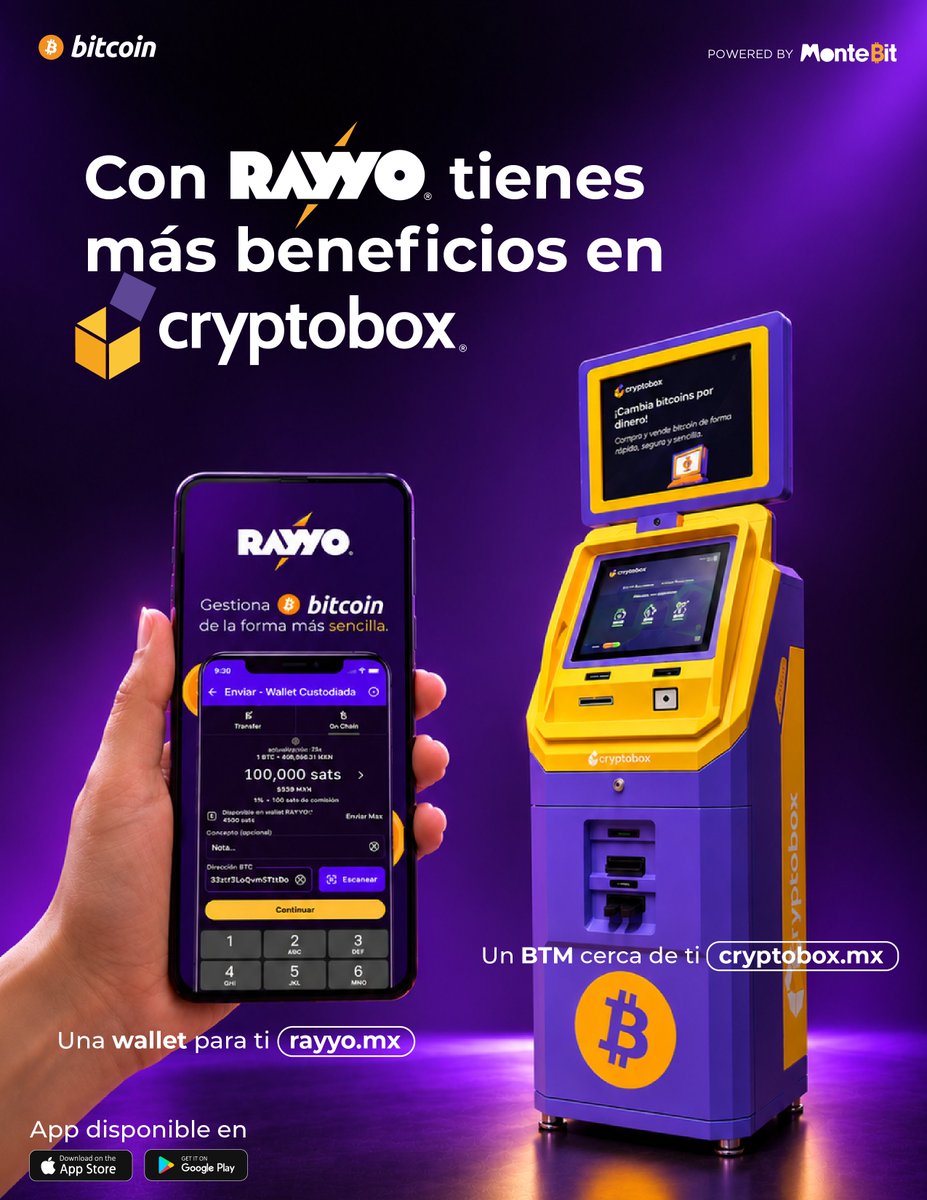 RayyoApp's tweet photo. En los cajero @cryptoboxMX al realizar operaciones con tu #Wallet RAYYO⚡️💜 tienes más beneficios 👏
¡Descarga tu App! 
�� GOOGLE PLAY
https://t.co/LLudtR30wF
📲 APP STORE
https://t.co/NtJqFT7F2L

#bitcoin #bitcoinnews #bitcoinenespañol #bitcoinmexico #mexico #exchange #bitcoiner