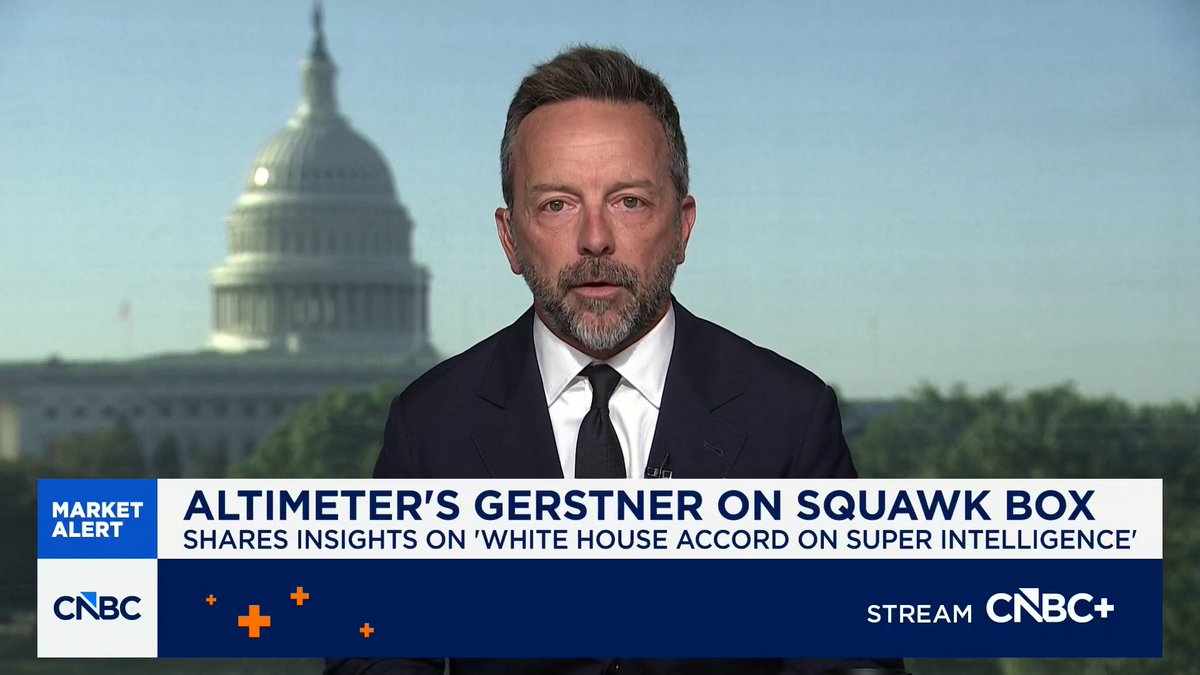 A man in a dark suit and tie appears on CNBC's "Squawk Box" with the U.S. Capitol building visible in the background. The on-screen graphic reads "MARKET ALERT: ALTIMETER'S GERSTNER ON SQUAWK BOX - SHARES INSIGHTS ON 'WHITE HOUSE ACCORD ON SUPER INTELLIGENCE,'" relating to Brad Gerstner's comments about the U.S. having the world's best AI regulatory framework.