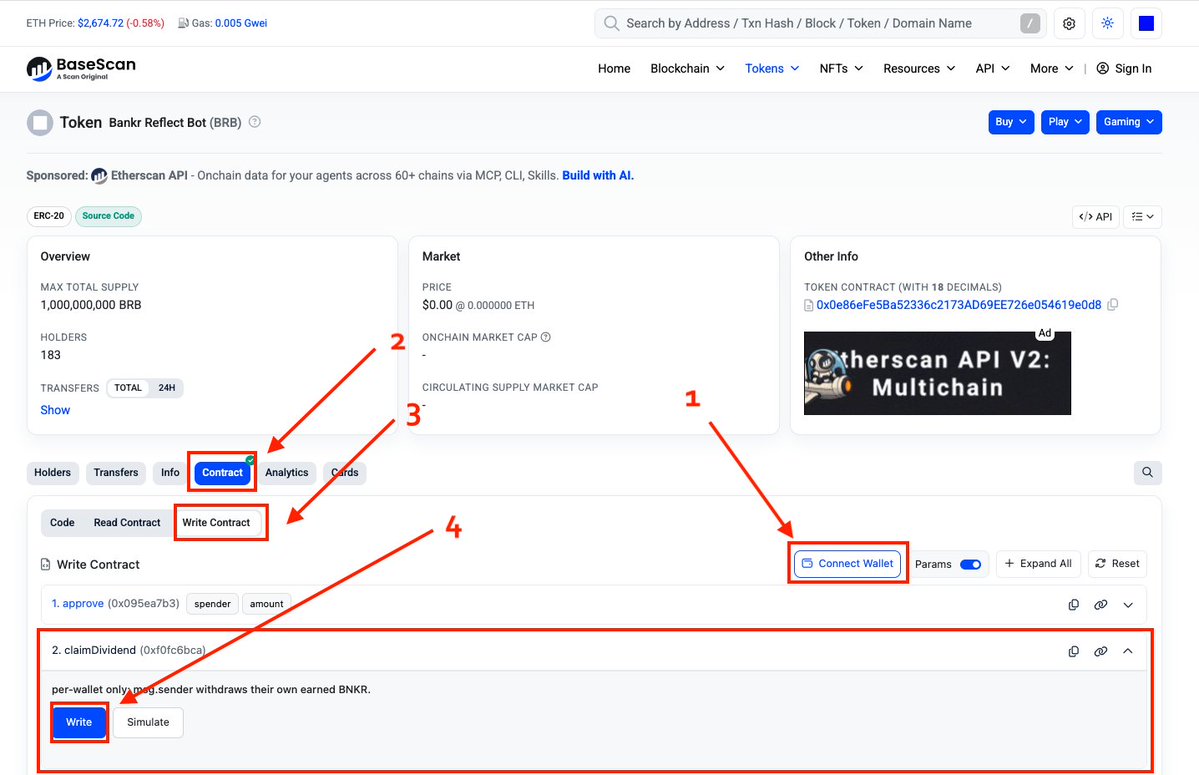 Paesan5's tweet photo. @JimmyJames760 @bankrbot Basescan steps: https://t.co/umw0MIESQC

1) Connect Wallet with #BRB  
2) Click on "Contract" 
3) Click on "Write Contract" 
4) Click on "Write" https://t.co/p5B6kgWzUI