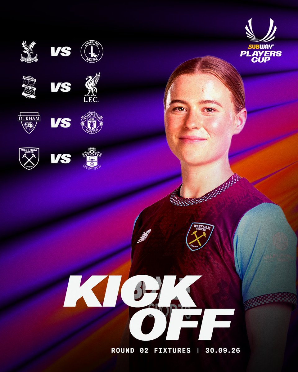BarclaysWSL's tweet photo. The first set of #SubwayPlayersCup fixtures are underway! ⚽️

Crystal Palace v Charlton Athletic
Birmingham City v Liverpool FC
Durham v Manchester United
West Ham United v Southampton FC https://t.co/FN8NY5ddaK