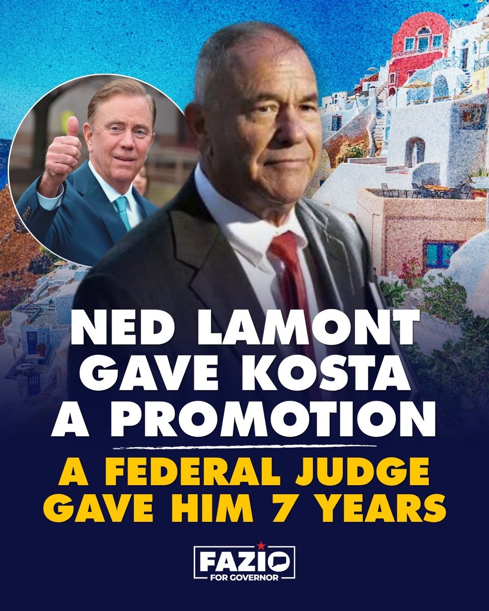 ryanfazio's tweet photo. Governor Lamont gave Kosta Diamantis a promotion and a raise, putting him in a position of enormous authority over taxpayer dollars. Today, a federal judge sentenced him to 84 months in prison for corruption.

Connecticut taxpayers deserve accountability. The Corruption Tax that you’re paying for under the Lamont administration has grown with scandal after scandal of wasted or stolen taxpayer dollars from senior officials in government. In my administration, the buck will stop with me, we’ll end the corruption tax, and make Connecticut affordable.