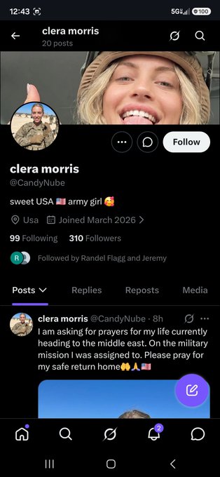 A Twitter profile page for 'clera morris' (@CandyNube) with a post asking for prayers as she's been assigned to a military mission heading to the Middle East, with the bio reading 'sweet USA army girl.'