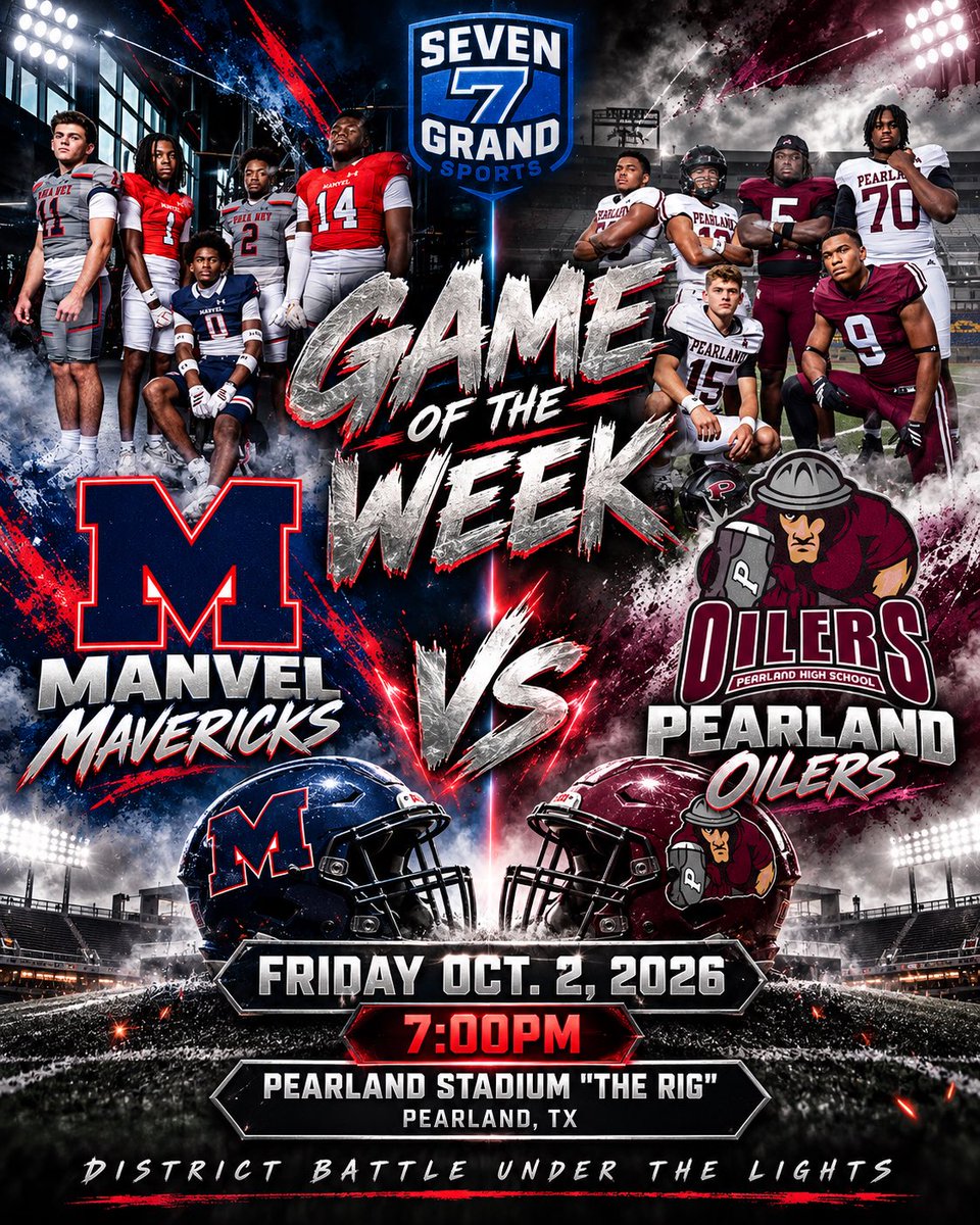 SevenGrandSport's tweet photo. 🚨 7 GRAND GAME OF THE WEEK 🚨

Undefeated Manvel vs. undefeated Pearland 🔥

Manvel is 2-0 in district after a 53-0 shutout. Pearland is 3-0 after a 49-0 shutout.

⭐ Greedy James
⭐ Carter St. Junious
⭐ Demarco Jenkins
⭐ Kamryn Harris

📅 Oct. 2 | ⏰ 7 PM
📍 The Rig https://t.co/WtHjbCq87T
