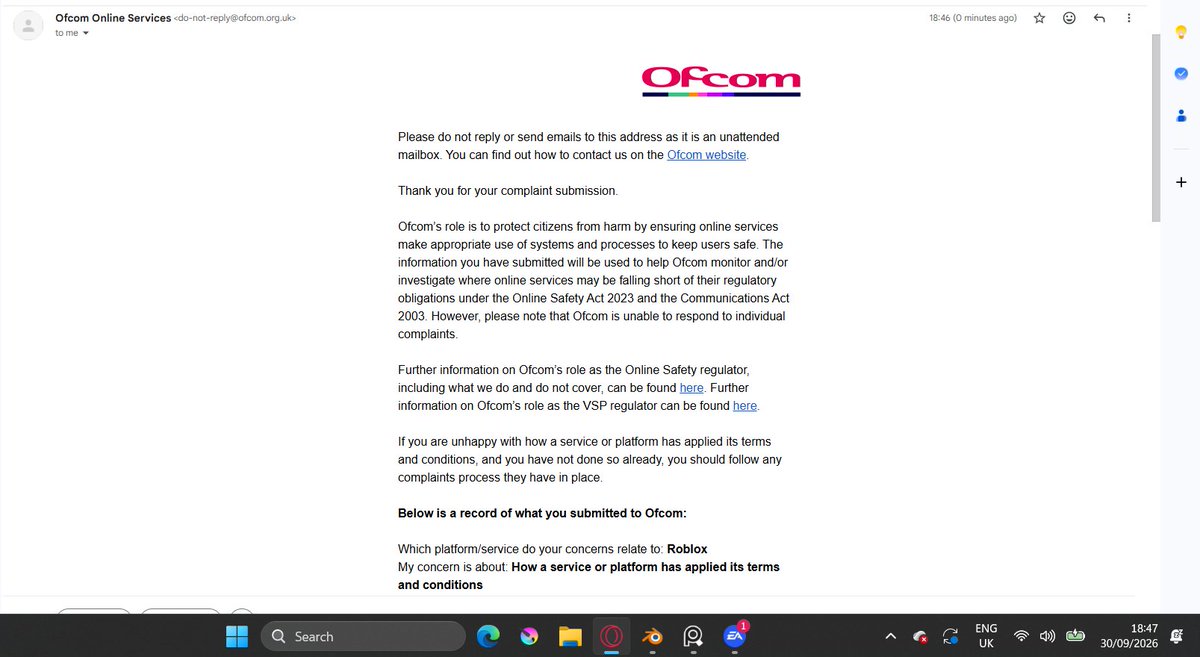 un__007's tweet photo. Officially Made a report to Ofcom in regards to @Roblox's awful moderation in regards to accounts being Linked with unauthorised measures in hope it goes well, wish me luck#ROBLOX #roblox #RobloxDev #robloxban #robloxsupport https://t.co/7EX3fQHXLA