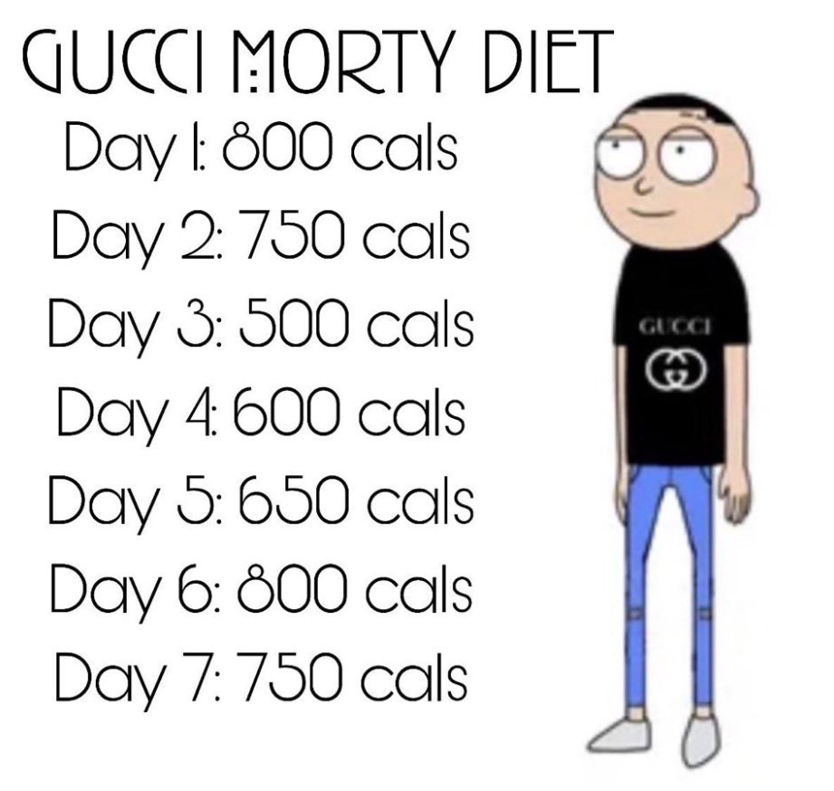fuwafetti's tweet photo. no mom im not starving myself im doing the gucci morty diet get with the program https://t.co/Zv13Dpds1P