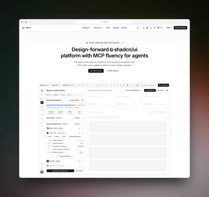 UI 컴포넌트 플랫폼 랜딩 — 중앙 히어로와 앱 셸 미리보기