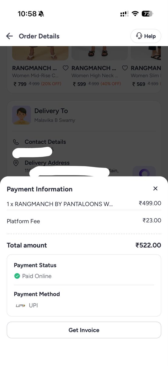 Malavika_BS's tweet photo. @myntra @MyntraSupport ordered a pant and paid ₹522 upfront — ₹499 for the product + ₹23 platform fee. The order was prepaid through UPI. What was delivered was completely different from what I ordered, so I requested a return. https://t.co/l6L6JgFKCN