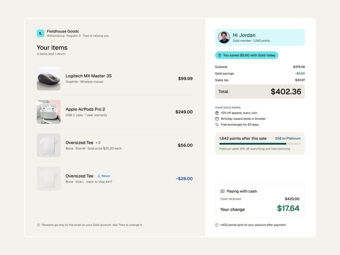 A Fieldhouse Goods checkout screen shows a receipt for a Logitech MX Master 3S, Apple AirPods Pro 2, and Oversized Tees, with a final total of $402.36 paid by cash.